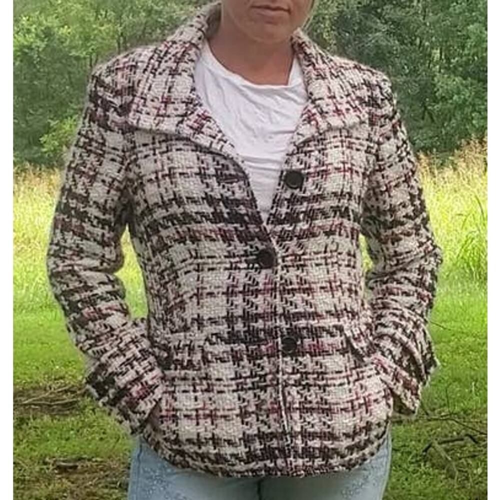 Talbots button up wool blend tweed jacket cream black white 12 petite
